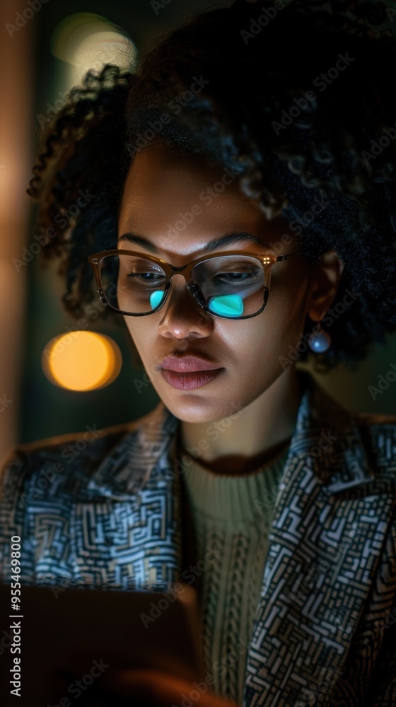 Businesswoman with glasses reading on a tablet at night, involved in social media marketing, digital analytics, and website review in the office while checking B2B emails