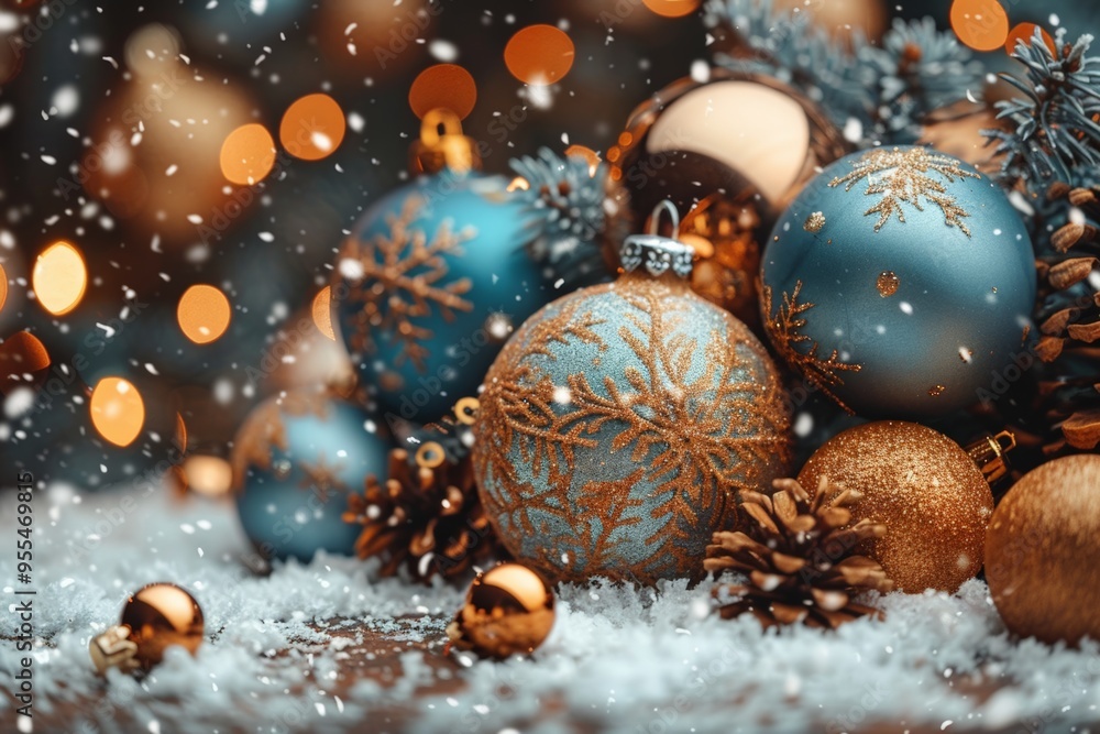 A festive arrangement of Christmas ornaments and pinecones dusted with snow, surrounded by soft bokeh lights in the background, creating a cozy winter holiday atmosphere. A festive arrangement of Christmas ornaments and pinecones dusted with snow, surrounded by soft bokeh lights in the background, creating a cozy winter holiday atmosphere.