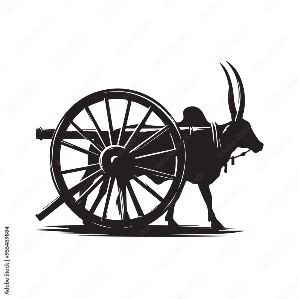 Fototapeta premium bullock cart wheel silhouette vector With White Background 