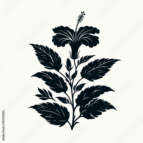 Hibiscus with leaves vector silhouette, very simple and single Hibiscus with leaves silhouette white background