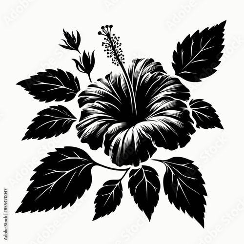 Hibiscus with leaves vector silhouette, very simple and single Hibiscus with leaves silhouette white background