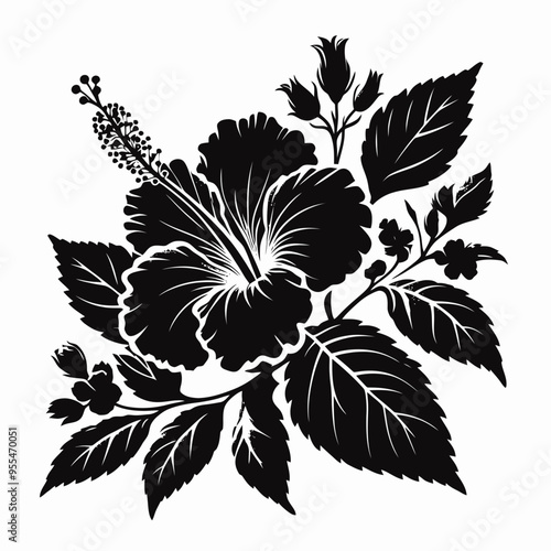 Hibiscus with leaves vector silhouette, very simple and single Hibiscus with leaves silhouette white background