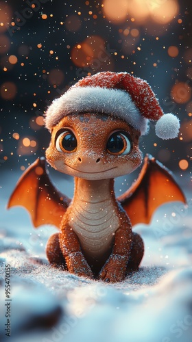 Cute dragon in a Santa hat, on a winter background creates an atmosphere of joy and festivity