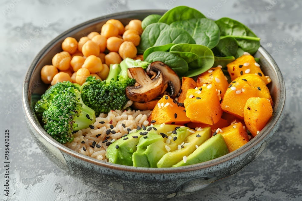A vegan Buddha bowl filled with chickpeas, broccoli, spinach, avocado, roasted butternut squash, and sesame seeds, representing a nutritious and colorful plant-based meal. A vegan Buddha bowl filled with chickpeas, broccoli, spinach, avocado, roasted butternut squash, and sesame seeds, representing a nutritious and colorful plant-based meal.