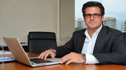 A young businessman sits at a sleek office desk, working on a laptop and smiling joyfully at the camera. He is focused on digital marketing and design concepts in a contemporary environment