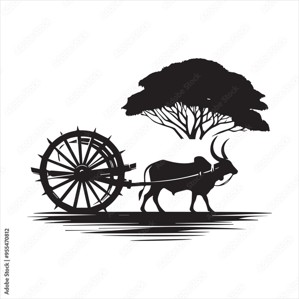 Fototapeta premium bullock cart wheel silhouette vector With White Background 