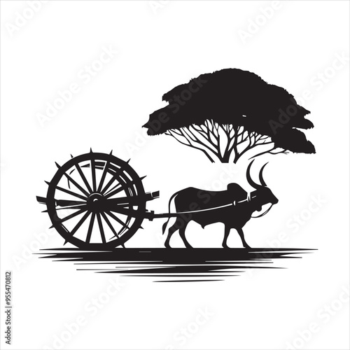 bullock cart wheel silhouette vector With White Background 