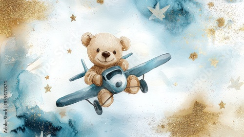 Watercolor birthday card with a bear cub flying a plane, in pastel blue and golden glitters.