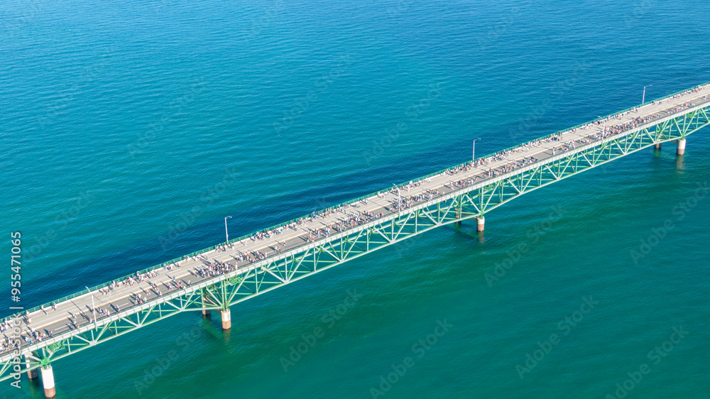 Aerial view of a portion of Mackinac Bridge during the Mackinac Bridge Walk on Labor Day 2024 Aerial view of a portion of Mackinac Bridge during the Mackinac Bridge Walk on Labor Day 2024