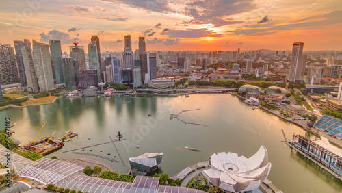 Photography Panorama of Singapore Marina Bay with Financial District skyscrapers at sunset light reflected on the harbor timelapse