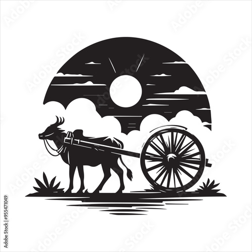 bullock cart wheel silhouette vector With White Background 