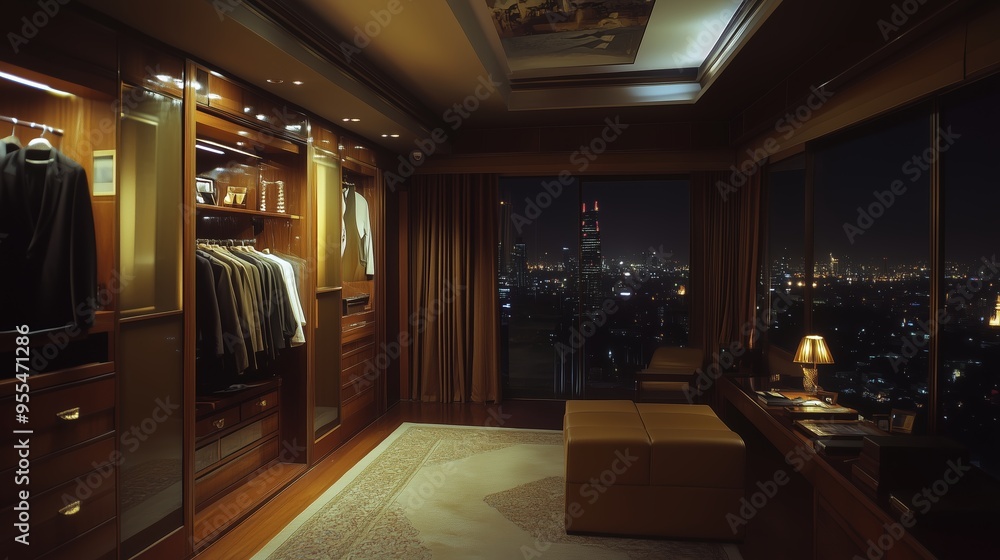 Stylish modern walk-in wardrobe offering a stunning city skyline view at night from an upscale apartment Stylish modern walk-in wardrobe offering a stunning city skyline view at night from an upscale apartment