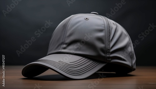 Wallpaper Mural Sleek Grey Baseball Cap on Wooden Surface with Dark Background. Torontodigital.ca