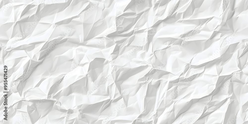 Fototapeta premium Seamless white crumpled paper background texture pattern. Tileable wrinkled high resolution arts and craft flat lay backdrop with copy space. Artistic abstract creative concept 3D rendering. .