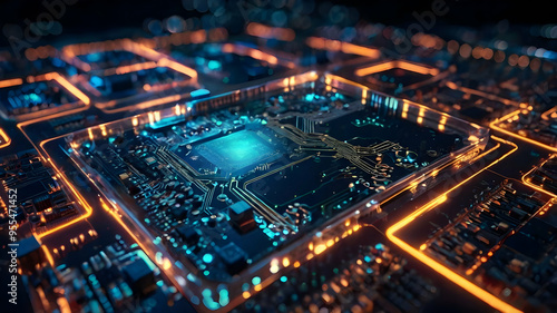 Digital Brain: Glowing Circuitry - A close-up of a motherboard, its CPU illuminated, symbolizing the power and complexity of modern technology. 