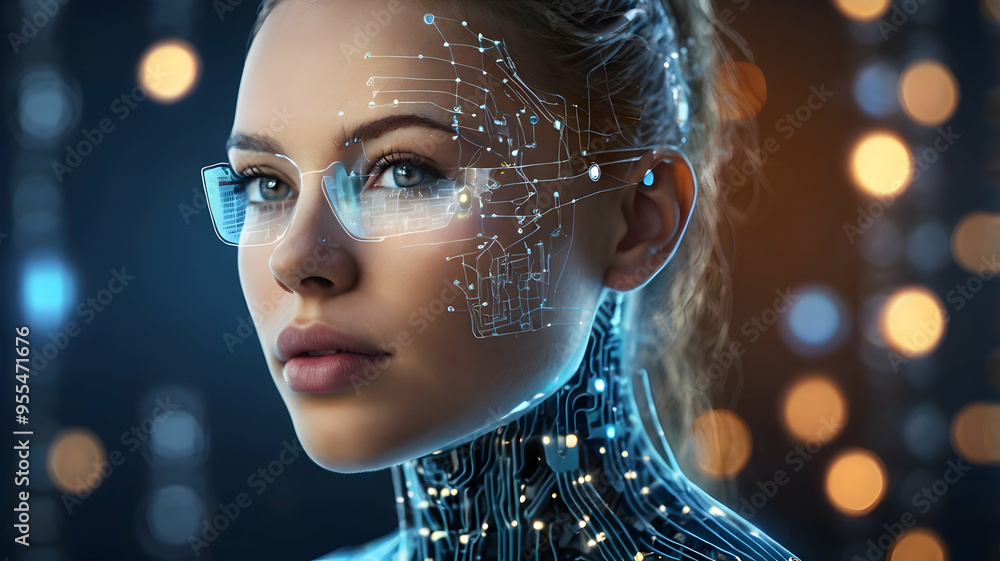 Cybernetic Gaze: A hyperrealistic portrait of a female android with piercing blue eyes, intricate circuitry, and a backdrop of data streams, evoking the future of artificial intelligence. Cybernetic Gaze: A hyperrealistic portrait of a female android with piercing blue eyes, intricate circuitry, and a backdrop of data streams, evoking the future of artificial intelligence.