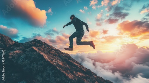 Person leaps from rocky cliff edge during sunset above clouds