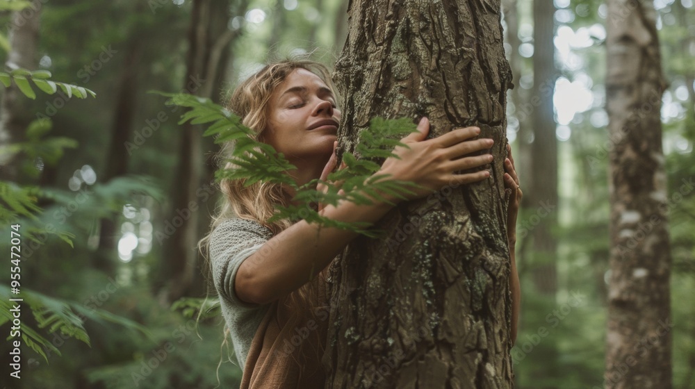 woman hugging a tree in the middle of the forest woman hugging a tree in the middle of the forest