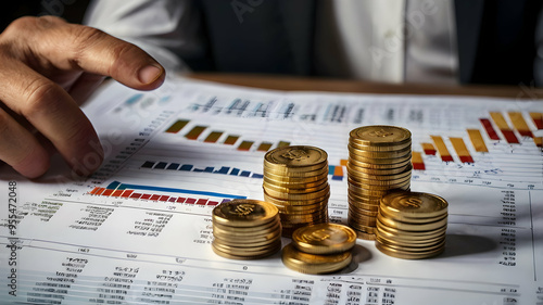 Financial Success: A businessman's hand points towards a stack of gold coins, symbolizing financial success and prosperity against a backdrop of financial charts