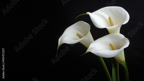 White calla lily flowers on black, representing condolence with a funeral theme. photo