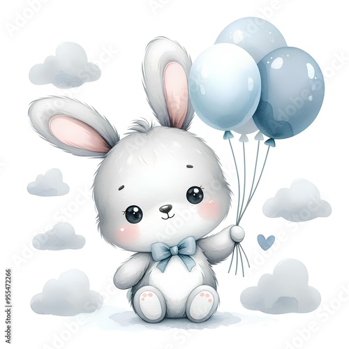 Adorable Baby Bunny with Blue Balloons in a Cloudy Sky - Cute Cartoon Illustration