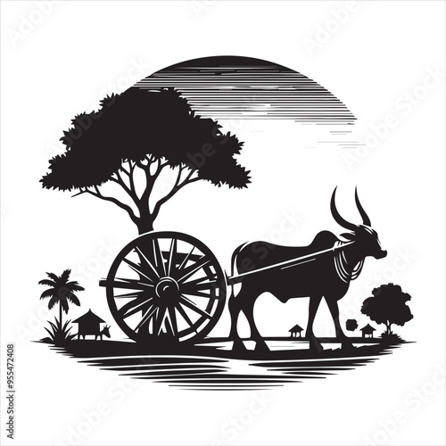 bullock cart wheel silhouette vector With White Background 