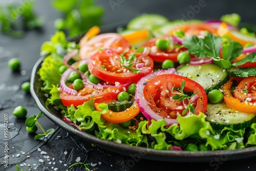 A vibrant vegetable salad featuring fresh tomatoes, cucumbers, red onions, lettuce, and peas, beautifully presented in a black bowl, perfect for a healthy meal.