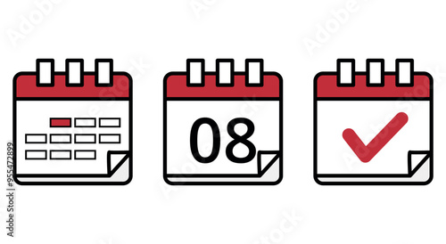 Simple flat icons of calendars in different designs, calendar icon with specific day marked, day 08.