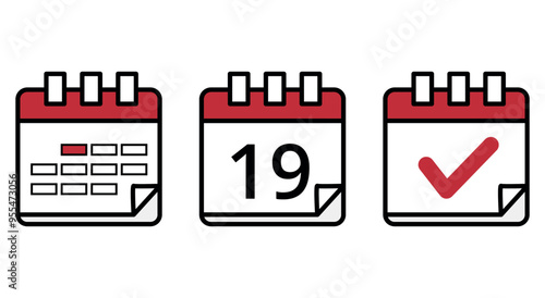 Simple flat icons of calendars in different designs, calendar icon with specific day marked, day 19.