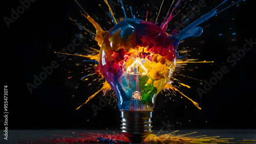 Idea Burst: A light bulb explodes with vibrant, colorful paint, symbolizing a sudden burst of creative energy and innovation. 