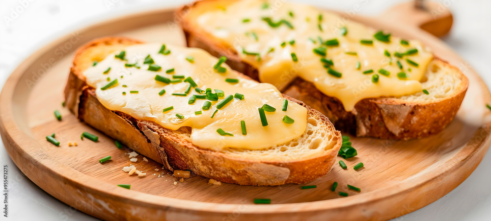 Melted cheese toast with fresh chives served on a wooden plate, ideal for recipe blogs, food-related marketing, or healthy meal inspiration. Melted cheese toast with fresh chives served on a wooden plate, ideal for recipe blogs, food-related marketing, or healthy meal inspiration.