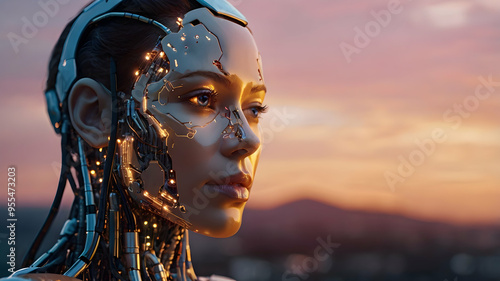 The Future is Now: A humanoid robot with glowing eyes looks out over a cityscape at sunset, embodying the potential and mystery of artificial intelligence. 