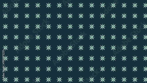 This design features a seamless pattern of star-shaped flowers in a soft green hue, arranged in an orderly grid formation on a dark background.