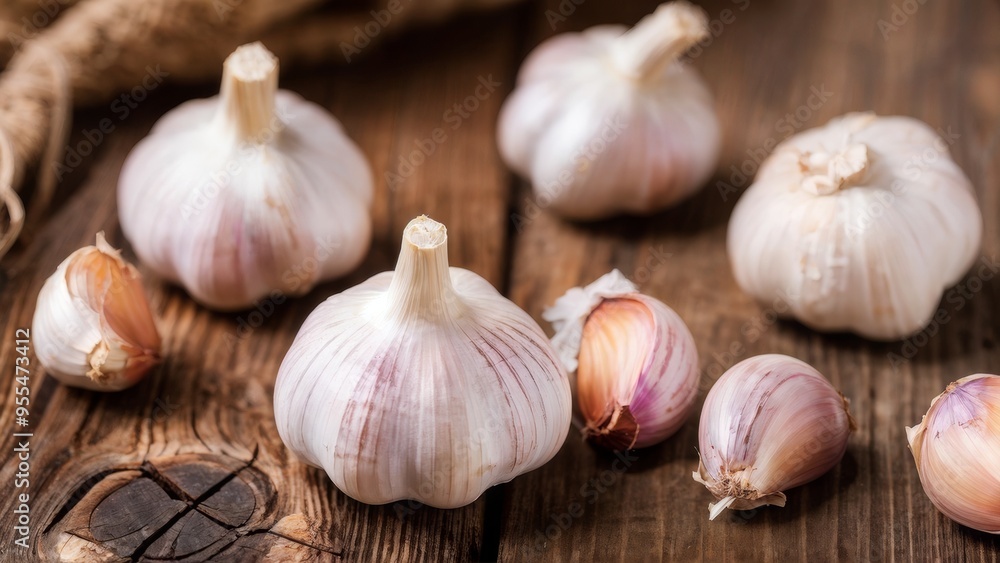 Commercial photo of fresh garlic bulbs and cloves on a rustic wooden table.