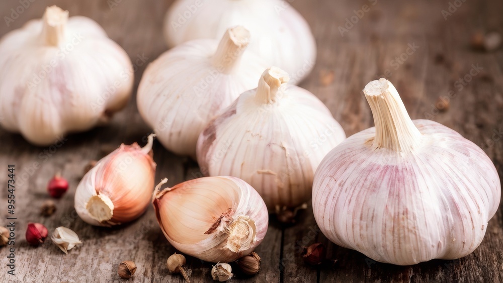 Commercial photo of fresh garlic bulbs and cloves on a rustic wooden table. Commercial photo of fresh garlic bulbs and cloves on a rustic wooden table.