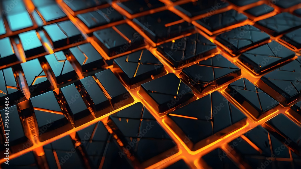 Abstract Metal Grid: Glowing with Orange Light Abstract Metal Grid: Glowing with Orange Light