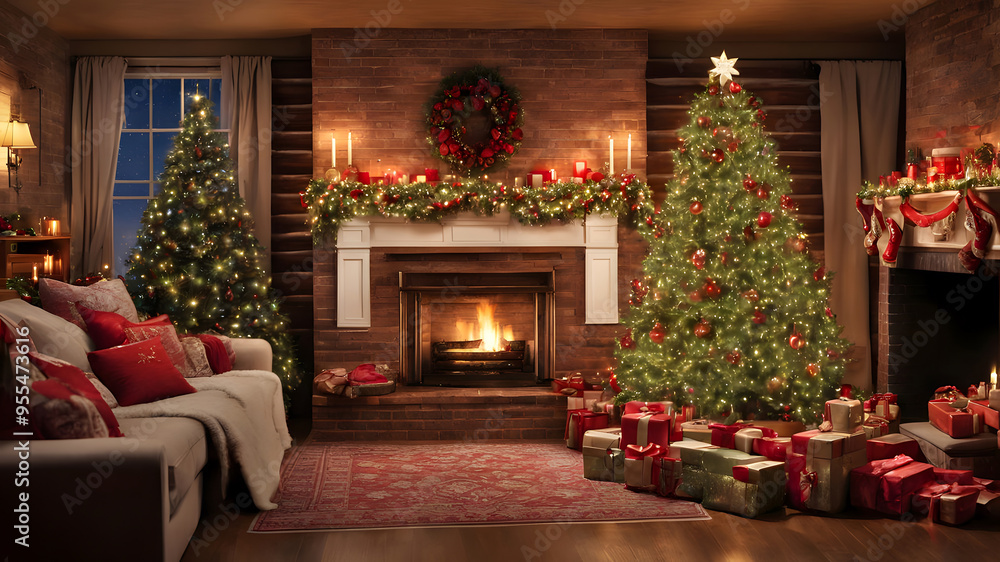 living room decorated for Christmas, featuring a cozy fireplace, a beautifully decorated Christmas tree, and wrapped presents. living room decorated for Christmas, featuring a cozy fireplace, a beautifully decorated Christmas tree, and wrapped presents.