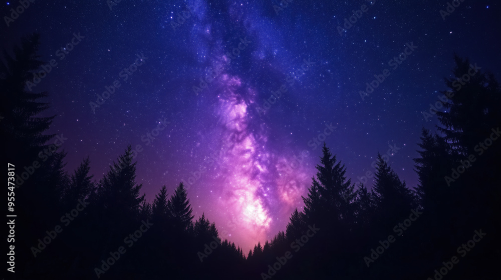 Stunning Milky Way Galaxy Over Pine Forest Silhouette: Breathtaking Night Sky Landscape Photography for Stargazers and Nature Lovers Stunning Milky Way Galaxy Over Pine Forest Silhouette: Breathtaking Night Sky Landscape Photography for Stargazers and Nature Lovers