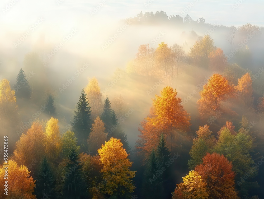 Autumn sunrise illuminating colorful trees, captured from an aerial view in Ukraine, nature landscape, on misty hills. Autumn sunrise illuminating colorful trees, captured from an aerial view in Ukraine, nature landscape, on misty hills.
