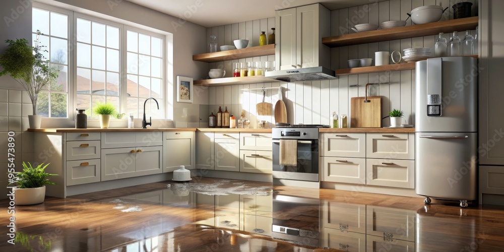 Flooded Kitchen - 3D Render, Water Damage, Modern Kitchen, Appliances, Flood, Water Damage, Kitchen Design Flooded Kitchen - 3D Render, Water Damage, Modern Kitchen, Appliances, Flood, Water Damage, Kitchen Design