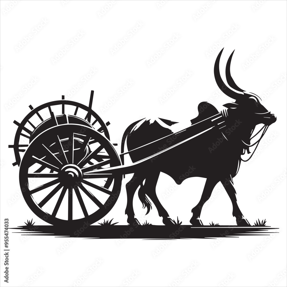 Fototapeta premium bullock cart wheel silhouette vector With White Background 