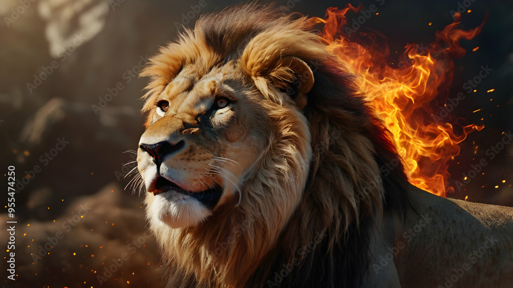 Lion's Roar: Majestic and fierce, a powerful lion roars with fiery intensity, its mane ablaze with golden sunlight. This captivating portrait captures the raw power and untamed spirit of nature's king Lion's Roar: Majestic and fierce, a powerful lion roars with fiery intensity, its mane ablaze with golden sunlight. This captivating portrait captures the raw power and untamed spirit of nature's king