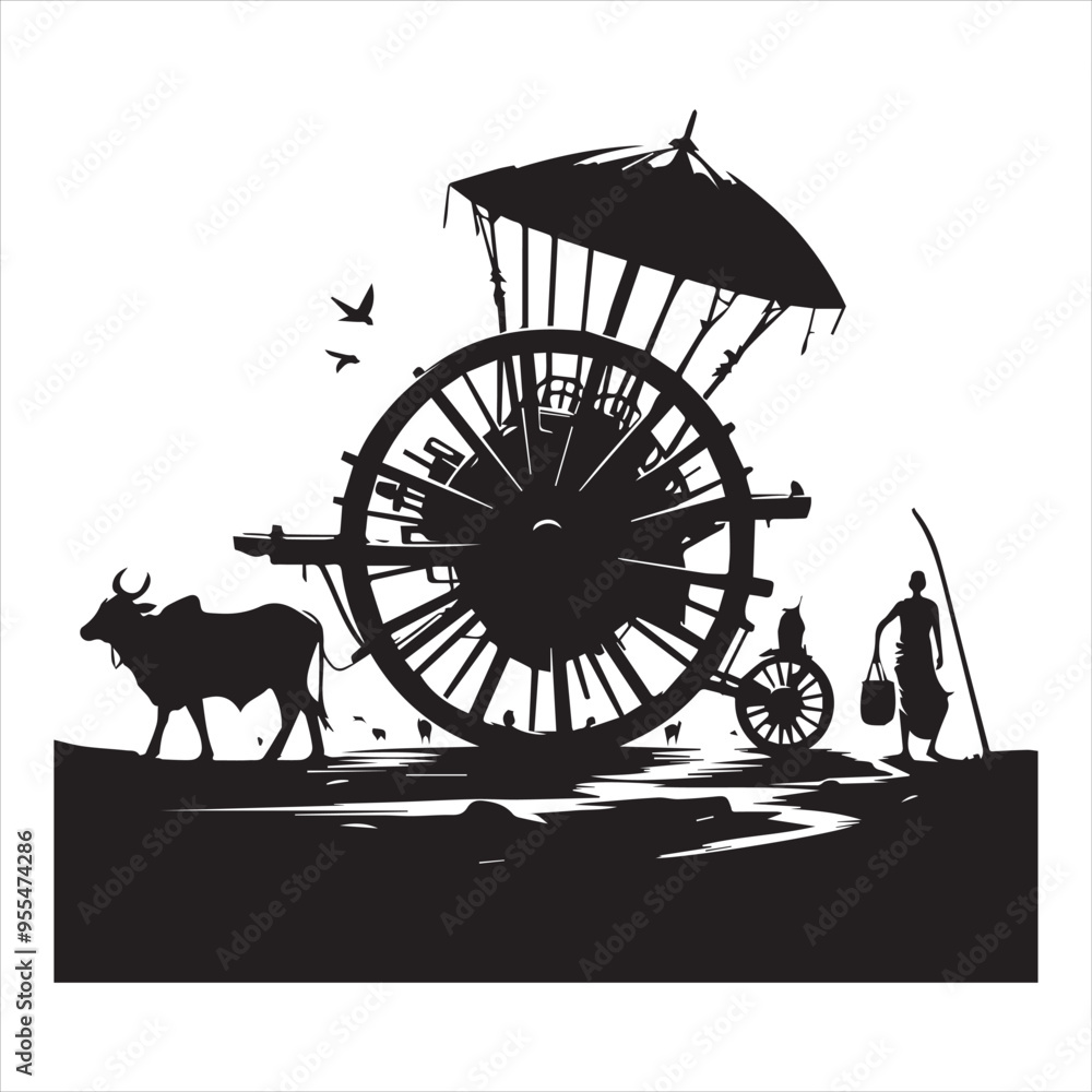 Fototapeta premium bullock cart wheel silhouette vector With White Background