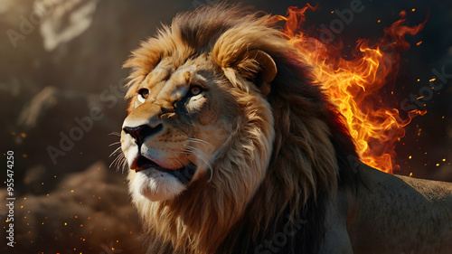 Lion's Roar: Majestic and fierce, a powerful lion roars with fiery intensity, its mane ablaze with golden sunlight. This captivating portrait captures the raw power and untamed spirit of nature's king