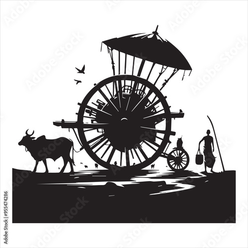 bullock cart wheel silhouette vector With White Background 