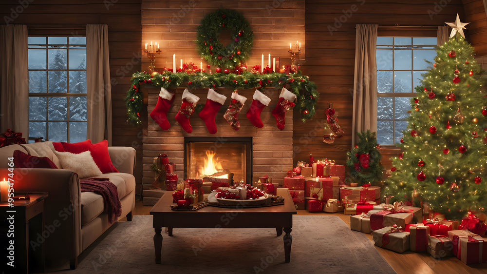 A warm and inviting living room decorated for Christmas, featuring a cozy fireplace, and wrapped presents. A warm and inviting living room decorated for Christmas, featuring a cozy fireplace, and wrapped presents.