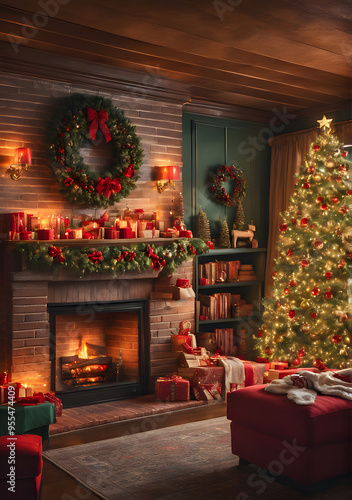 A warm and inviting living room decorated for Christmas, featuring a cozy fireplace, a beautifully decorated Christmas tree