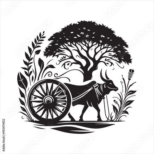 bullock cart wheel silhouette vector With White Background 