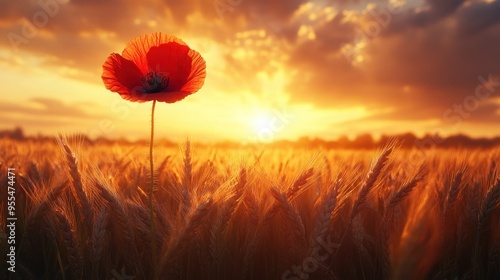 Poppy in Wheat Field at Sunset