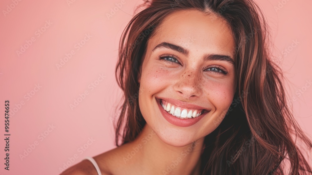 Portrait of a smiling woman focusing on hair care, showcasing beauty and texture in a studio setting. Features of happiness, grooming, and luxury with a salon treatment for confidence Portrait of a smiling woman focusing on hair care, showcasing beauty and texture in a studio setting. Features of happiness, grooming, and luxury with a salon treatment for confidence